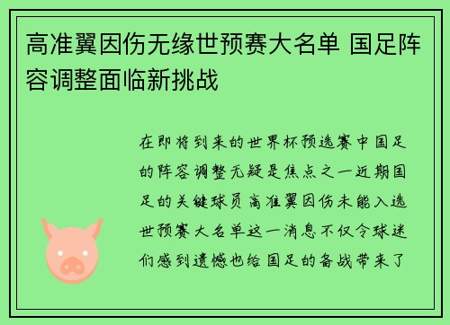 高准翼因伤无缘世预赛大名单 国足阵容调整面临新挑战